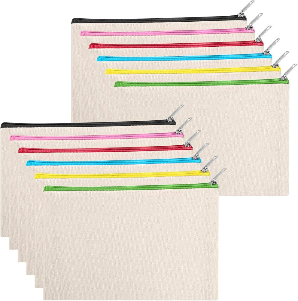 12 Pieces Cotton Canvas Makeup Bag, Multipurpose Cosmetic Bag with Zipper Travel Toiletry Pouch, ... | Amazon (US)