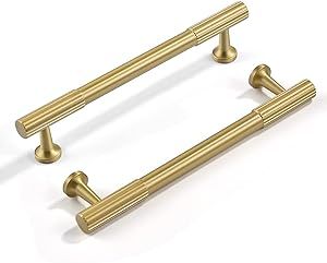 Brushed-Gold-Modern Kitchen Drawer Cabinet Handles - 5 Pack Solid Brass Pulls Hardware for Dresse... | Amazon (US)