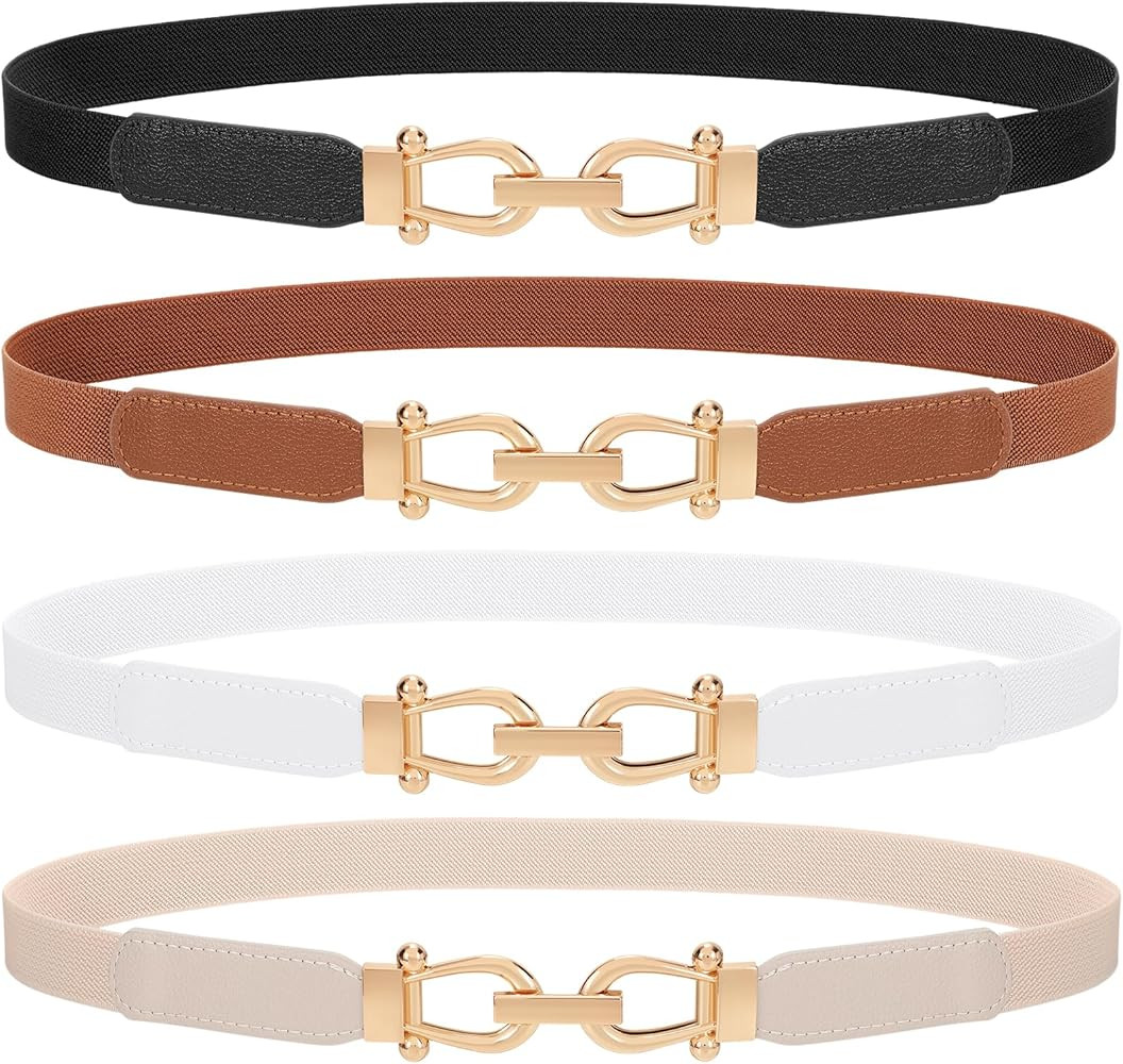 TRIWORKS 4 Pack Women Skinny Elastic Belts Gold Buckle Thin Stretchy Waist Belts for Dresses | Amazon (US)
