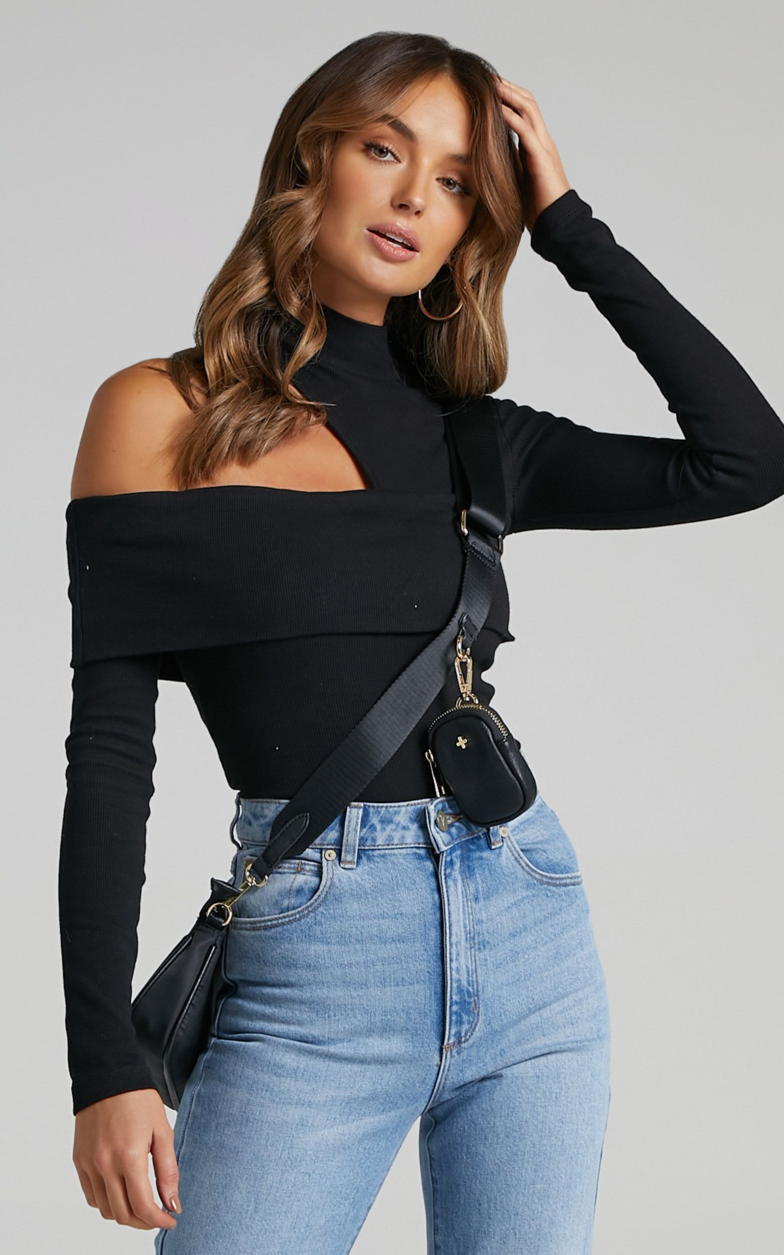 Kiefer Asymmetric Long Sleeve Cutout Top in Black | Showpo (US, UK & Europe)