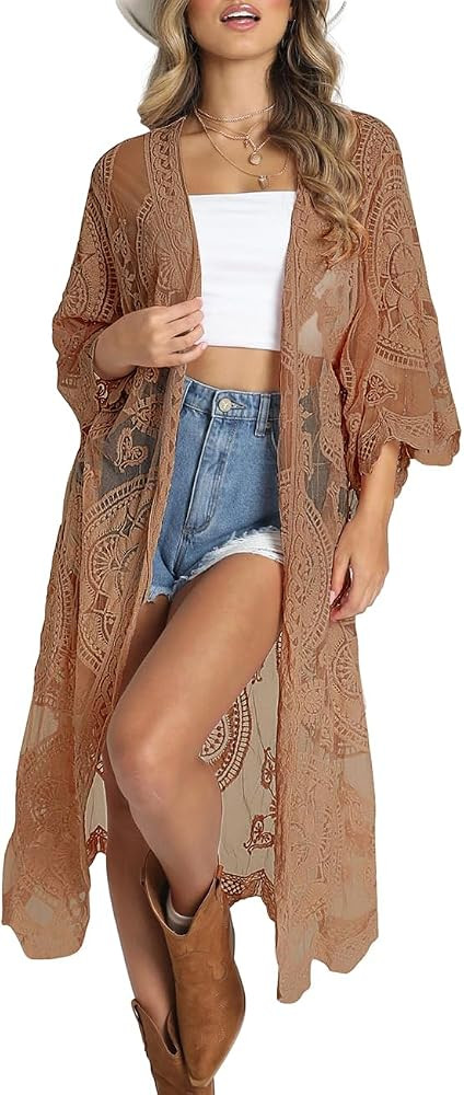 Bsubseach Women Mesh Cardigan Bikini Beach Kimono Open Front Swimsuit Cover Ups Swimwear | Amazon (US)