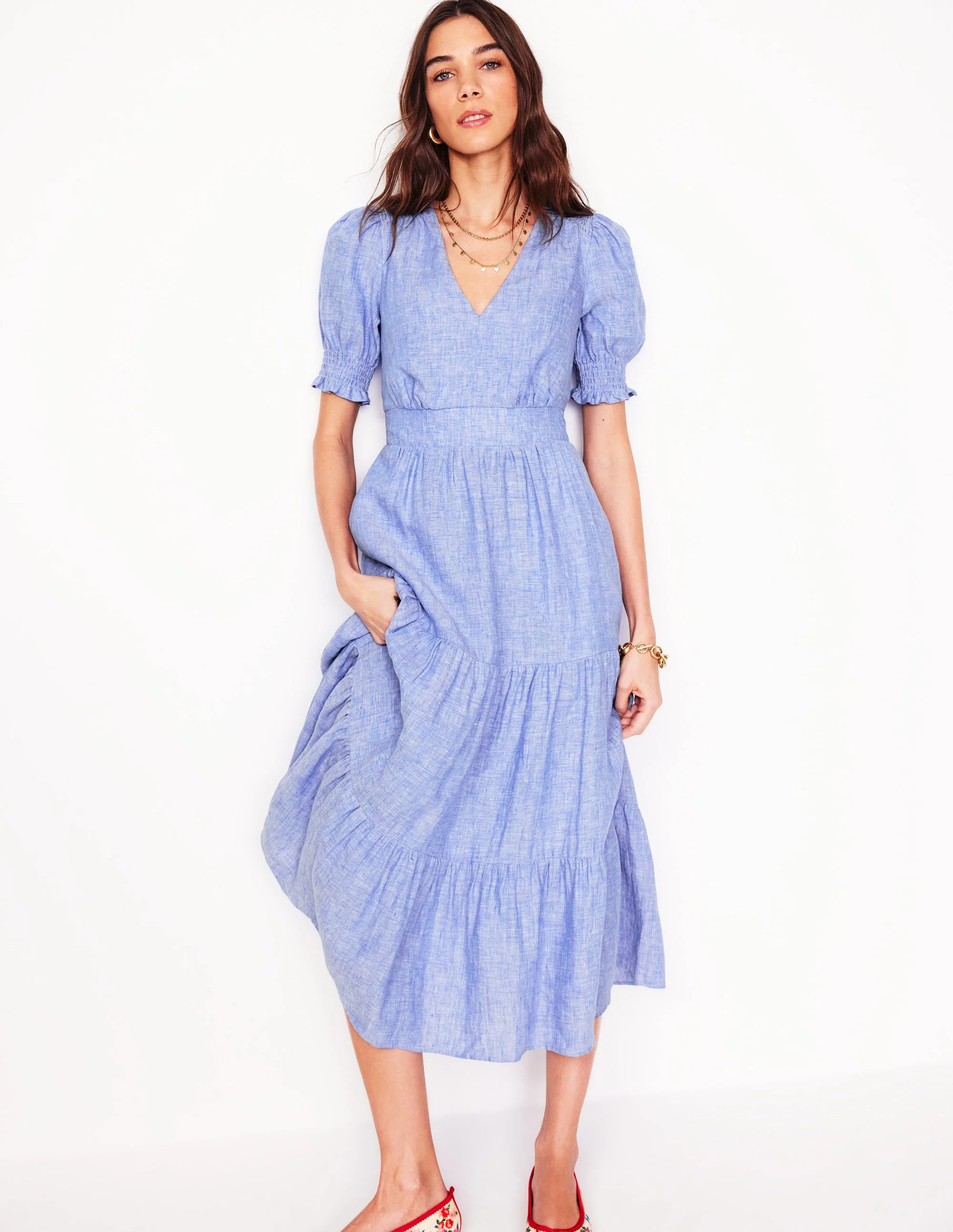 Anna Linen Tiered Midi Dress-Summer Blue Chambray | Boden (US)