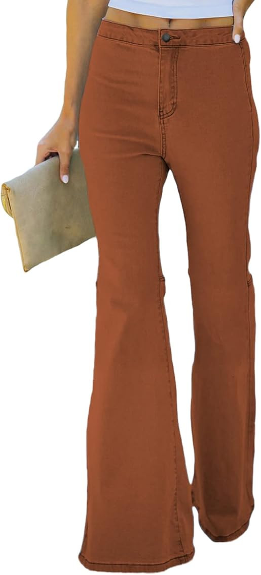 Sidefeel Women Destroyed Flare Jeans Elastic Waist Bell Bottom Raw Hem Denim Pants | Amazon (US)