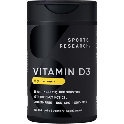 Sports Research® Vitamin D3 1000 IU with Coconut MCT Oil - High Potency Vitamin D Supplement for Immune & Bone Support - Gluten Free · Non-GMO · Soy Free - 360 Count Softgels | Amazon (US)