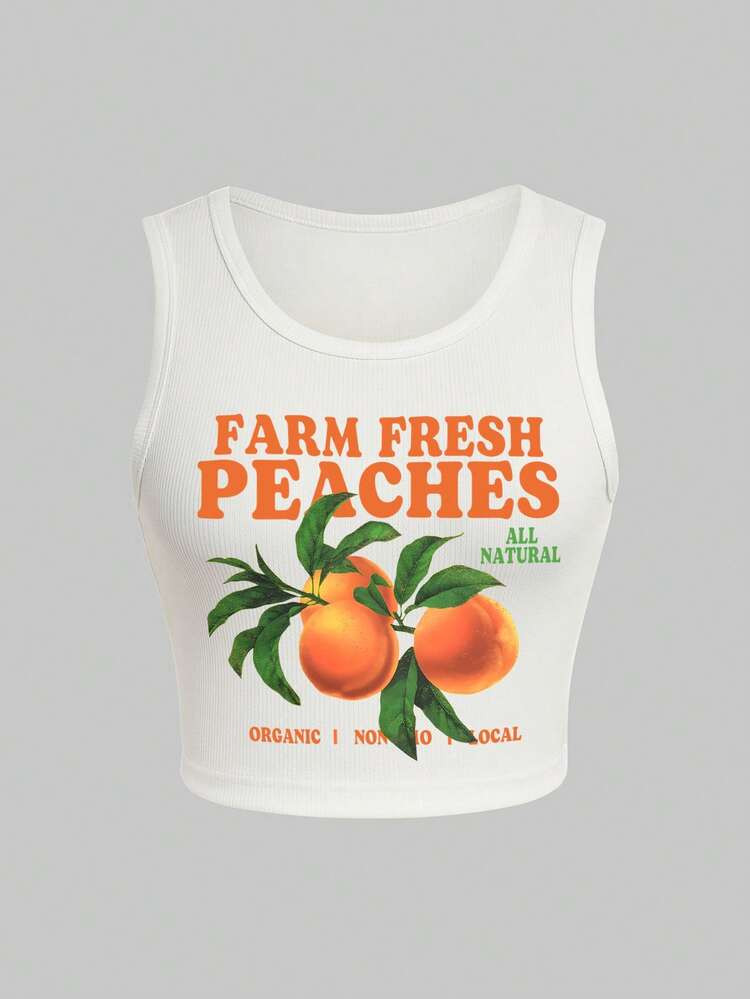 INAWLY Summer Casual Orange/Letter Printed Tank Top FARM FRESH PEACHES ORGANIC I NON 10 LOCAL | SHEIN