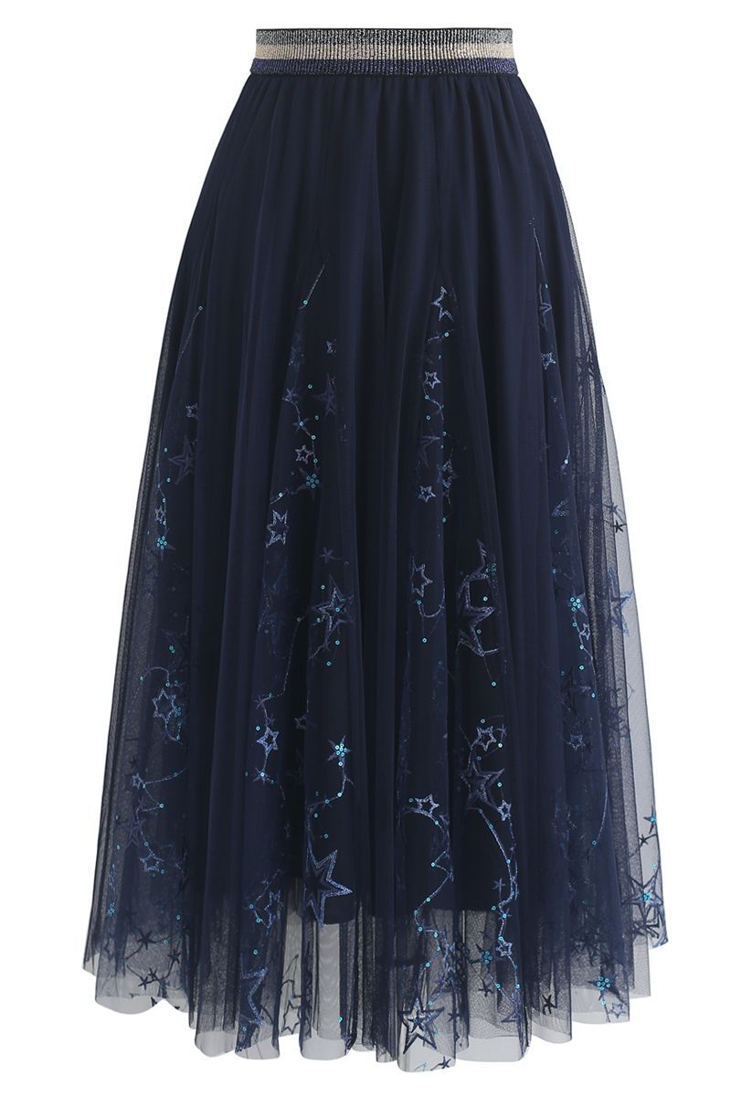 Dazzling Stars Tulle Midi Skirt in Navy | Chicwish