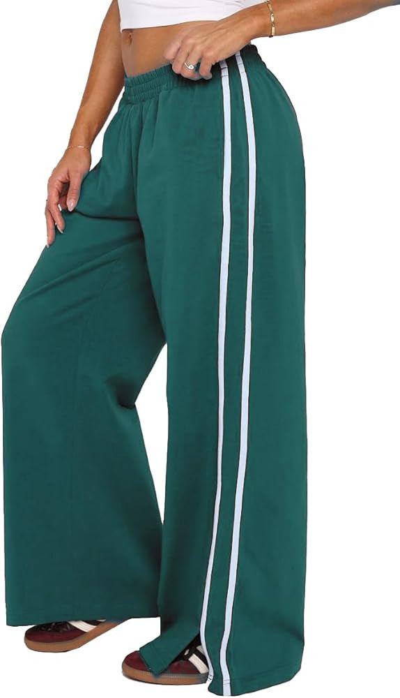 Women's Elasticated Waistband Side Pockets Double Stripe Split at Bottom Hem Wide Leg Pants | Amazon (US)