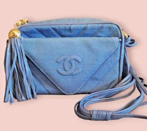 Rare Authentic Chanel Vintage  Blue Denim V Stitch CC Logo Shoulder Bag | eBay US