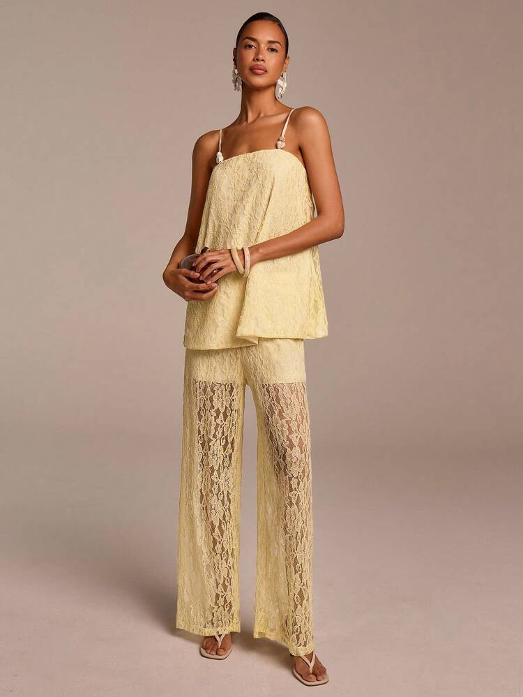 COSMINA Women's Elegant Lace Sleeveless Loose 2-Piece Set, Versatile For Commuting, Office, Outings, Valentine's Day Dates, Wedding Guests, Spring, Yellow Two Piece Set, Yellow Outfits For Women, Yellow Terno For Women, Yellow Pants Suit Women, Yellow Dress For Wedding Guest | SHEIN