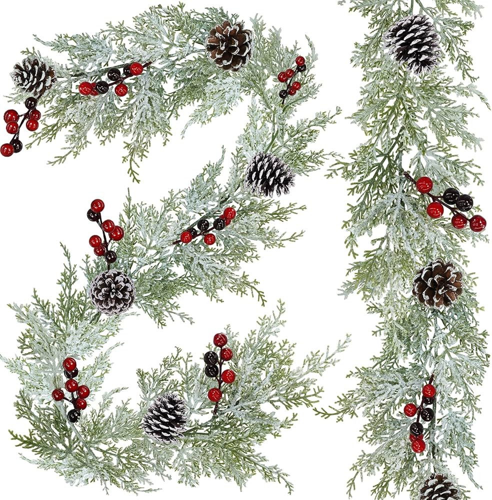 Winly 2 Pcs Artificial Snowy Cedar Garland with Pine Cones and Red Berries Christmas Greenery Gar... | Amazon (US)