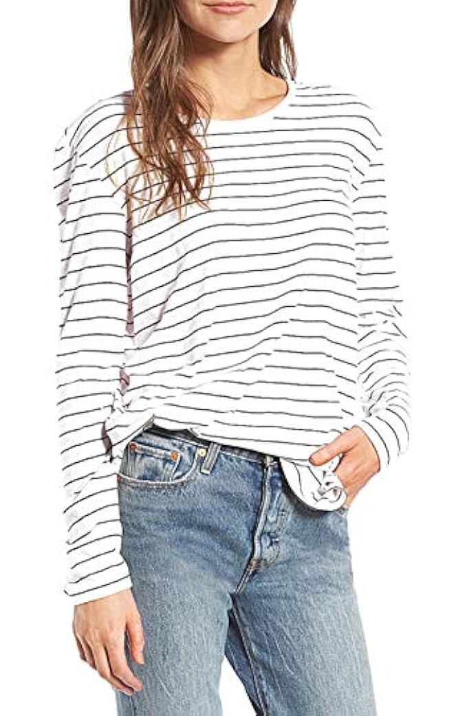 ChongXiao Striped Shirt Long Sleeve T Shirt Women O-Neck Black and White Cute Long Loose Fall Womens | Amazon (US)