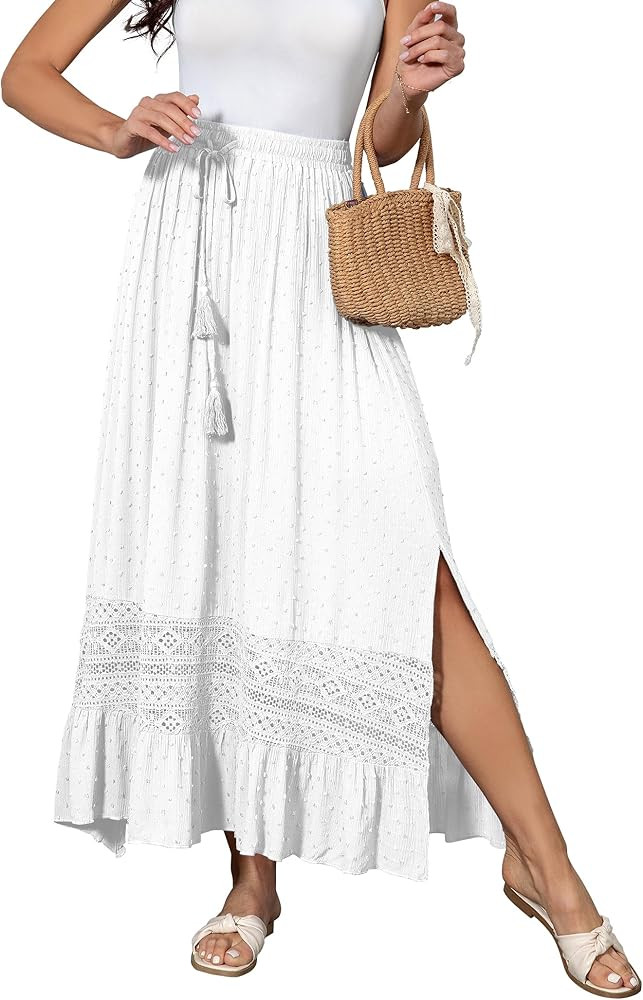 Women's Summer Maxi Skirt Elastic High Waist Boho Beach Skirt A Line Long Skirt Lace Trim Flowy L... | Amazon (US)