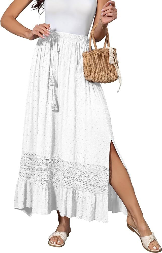Women's Summer Maxi Skirt Elastic High Waist Boho Beach Skirt A Line Long Skirt Lace Trim Flowy L... | Amazon (US)