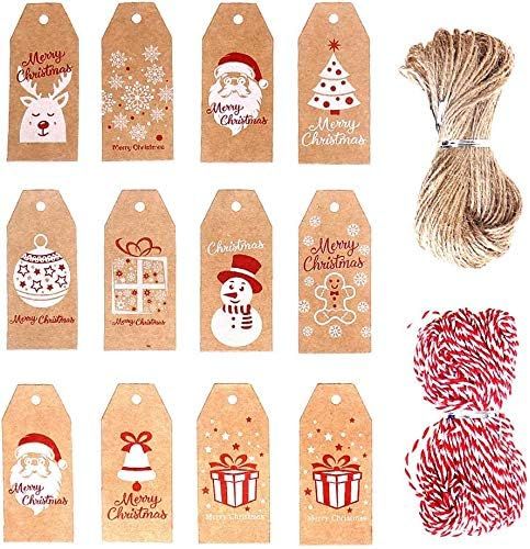 100 PCS Christmas Kraft Gift Tags,Xmas Brown Kraft PaperTags Pre-Punched with Holes Hang Labels w... | Amazon (US)