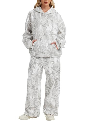 Eutten Womens 2 Piece Camo Sweatsuits Fall Outfits Oversized Camo Hoodie Wide Leg Sweatpants Travel Lounge Matching Sweat Sets | Amazon (US)