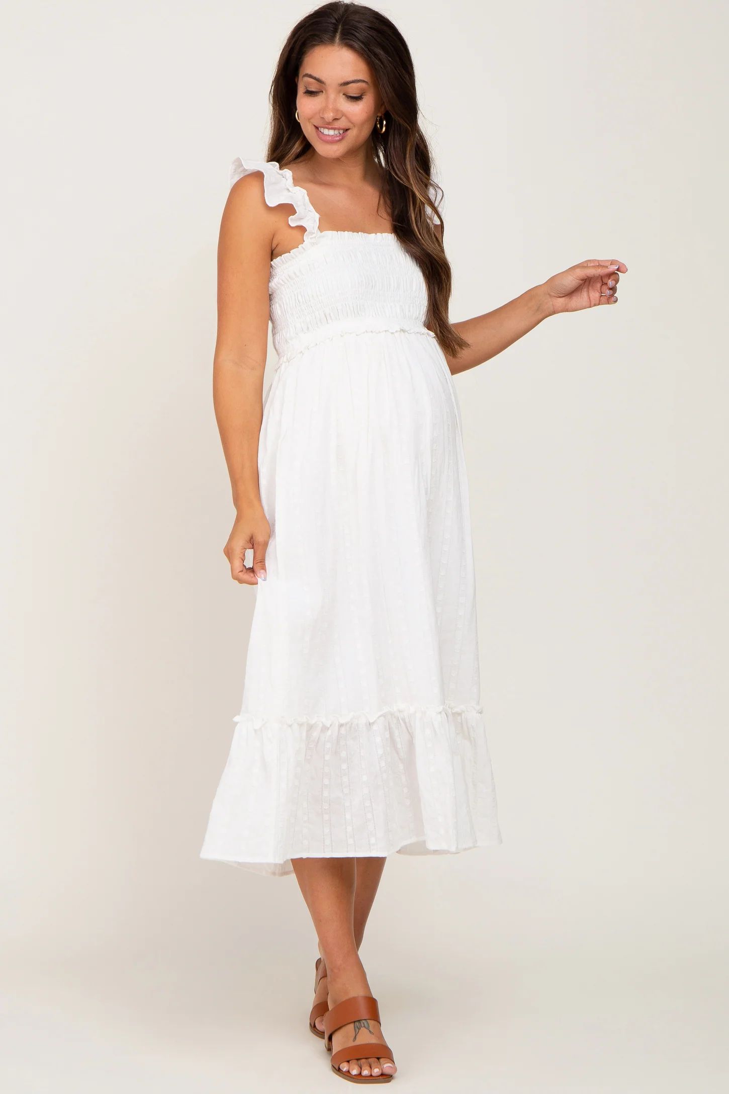 White Smocked Textured Maternity Midi Dress | PinkBlush Maternity