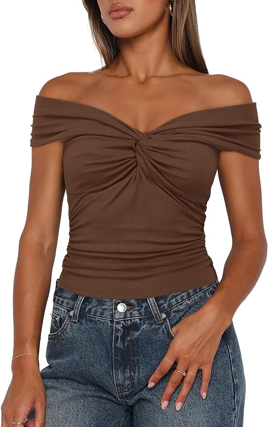 Darong Women Summer Twist Knot Front Off The Shoulder Tank Tops Cap Sleeve Going Out Shirts Slim ... | Amazon (US)
