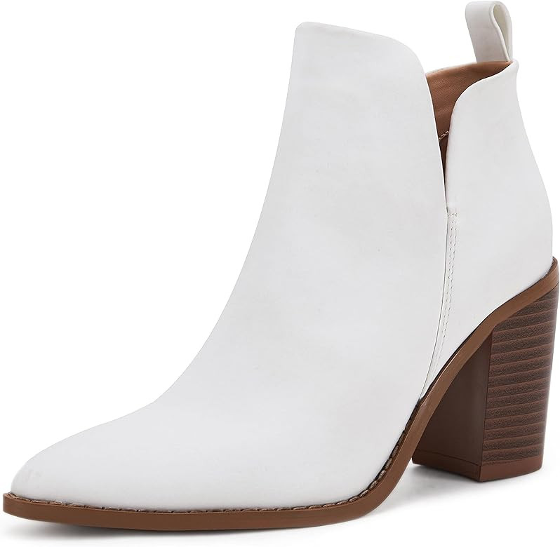 PiePieBuy Women's Side V Cutout Ankle Booties Pointed Toe Chunky Stacked Mid Heel Western Boots | Amazon (US)