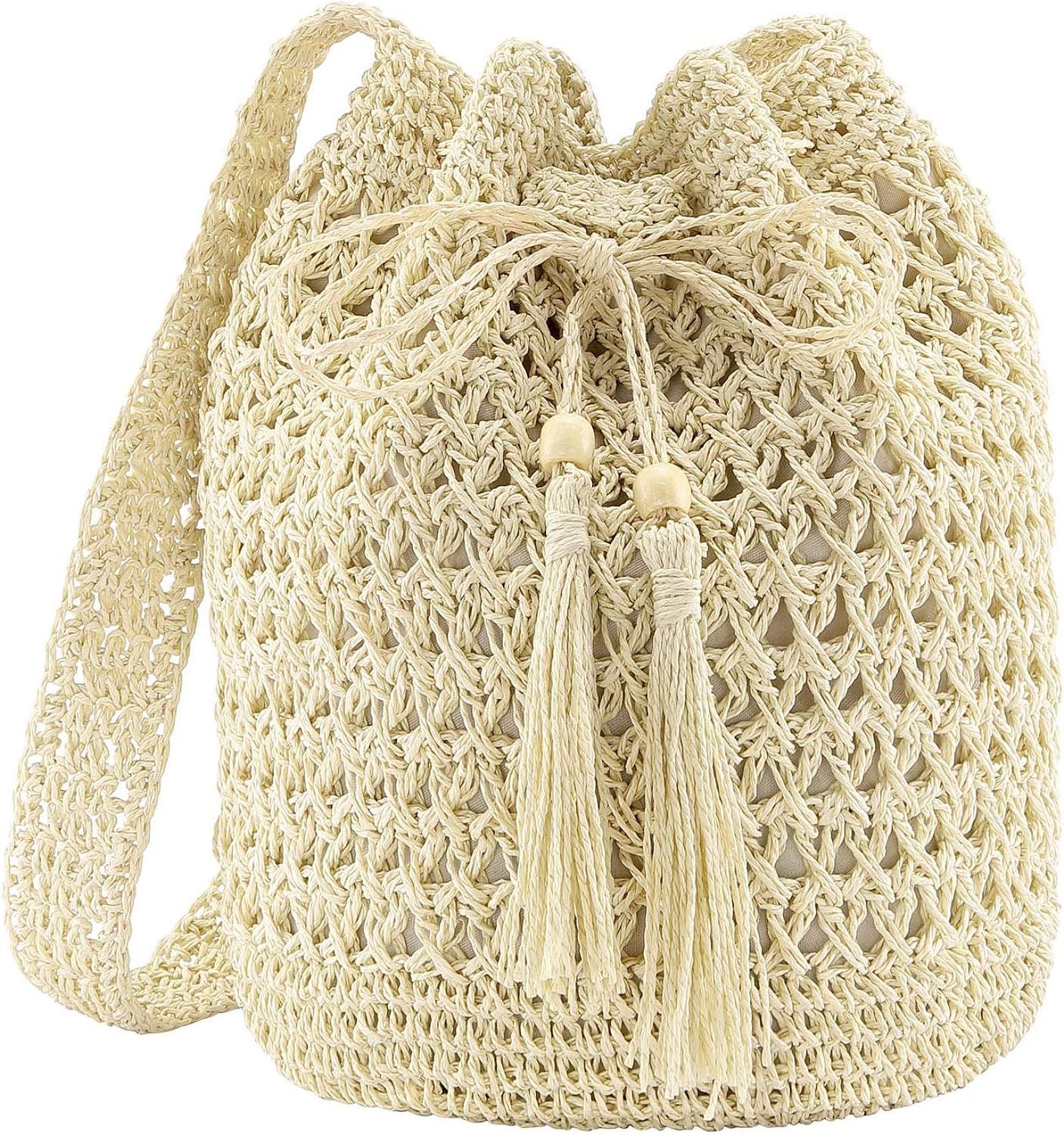 Ayliss Women Beach Handbag Straw Crossbody Shoulder Handbag Summer Beach Handmade Woven Bucket Bag D | Amazon (US)