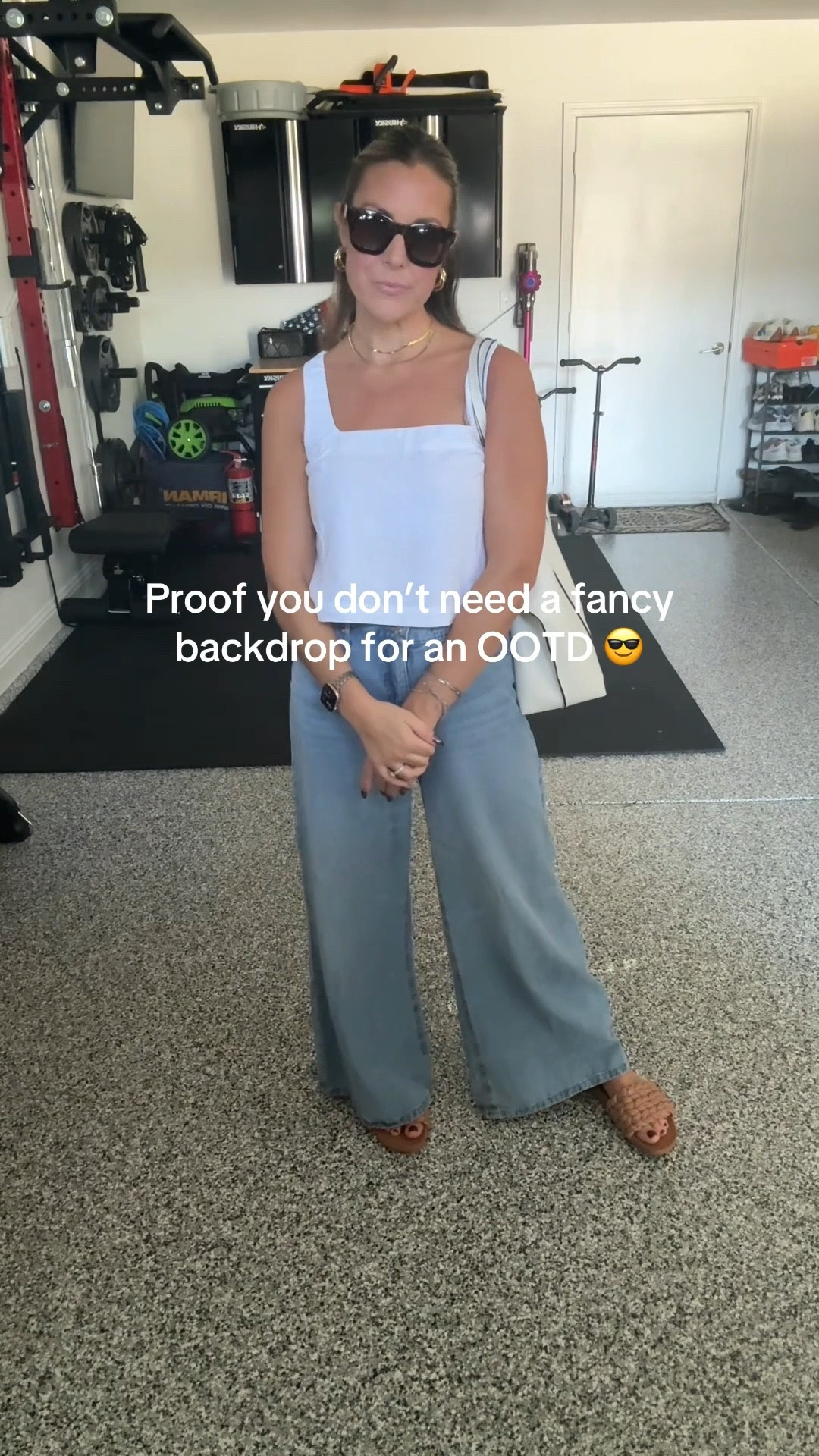 Little OOTD 🩷 Top is last season but linking the new version!! 

Loving this easy, everyday fit 🤍 Wide-leg jeans are my current go-to because they’re comfy, flattering, and make even a simple tank look styled. Paired mine with neutral sandals, layered gold jewelry, and a classic tote for that “put together without trying too hard” vibe.

All links + sizing deets are below for you!
	•	Jeans: TTS for a relaxed fit (you could size down if between sizes)
	•	Tank: Wearing a small, slightly cropped but still easy to style
	•	Sandals: True to size
	•	Tote: My everyday carryall—fits all the things!

#LTKStyleTip #LTKSeasonal #LTKFindsUnder100