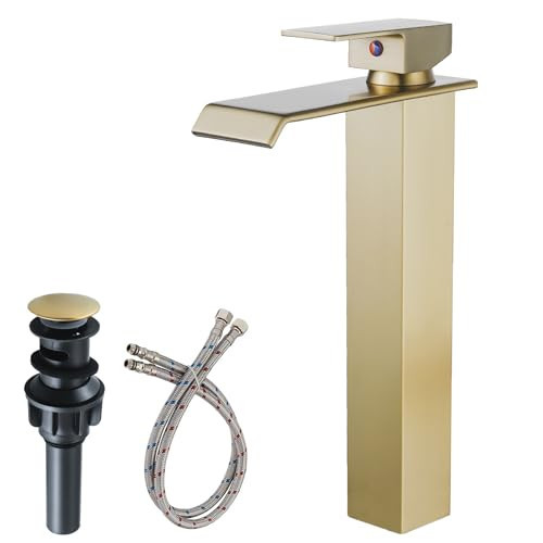 RUITHOE Bathroom Vessel Sink Faucet Brushed Gold, Waterfall Bathroom Faucet, Vessel Faucet, Tall Body High 1 Hole Single Handle with Pop Up Drain Combo Vanity Mixer Tap Commercial Basin Bowl Sink | Amazon (US)