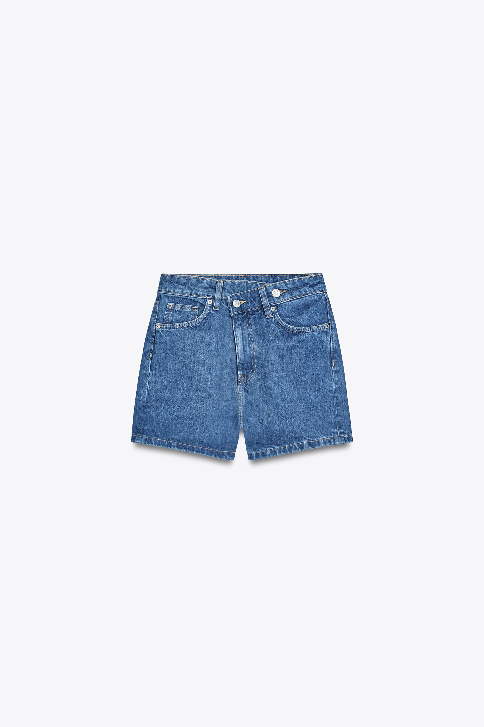 HIGH-WAIST CROSSOVER WAIST TRF MOM FIT DENIM BERMUDA SHORTS Navy blue Blue | Zara UK