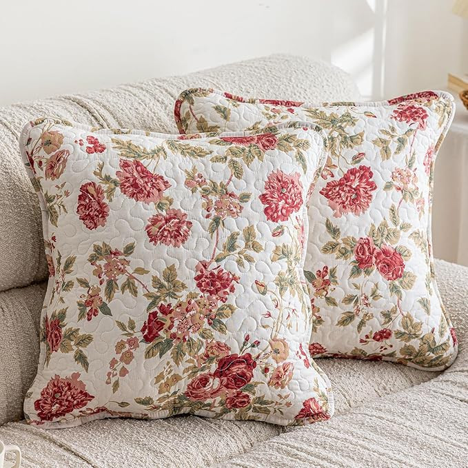 vctops Set of 2 Cotton Quilted Floral Print Decorative Square Throw Pillow Covers with Scalloped ... | Amazon (US)