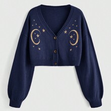 Plus Size Moon & Star Embroidery Button Front Casual Cardigan, Autumn/Winter | SHEIN