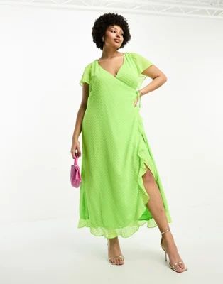 ASOS DESIGN Curve frill detail wrap maxi dress in bright lime dobby | ASOS (Global)