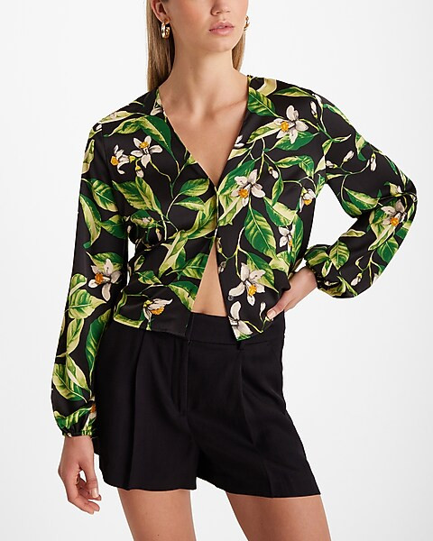 Floral V-Neck Balloon Sleeve Button Up Shirt | Express