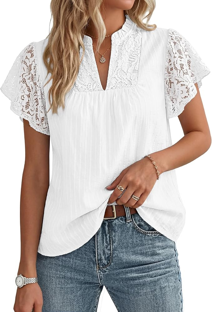 GRACE KARIN Womens Lace Short Sleeve Tops Summer Dressy Casual Cotton Blouses Flowy V Neck Dress ... | Amazon (US)