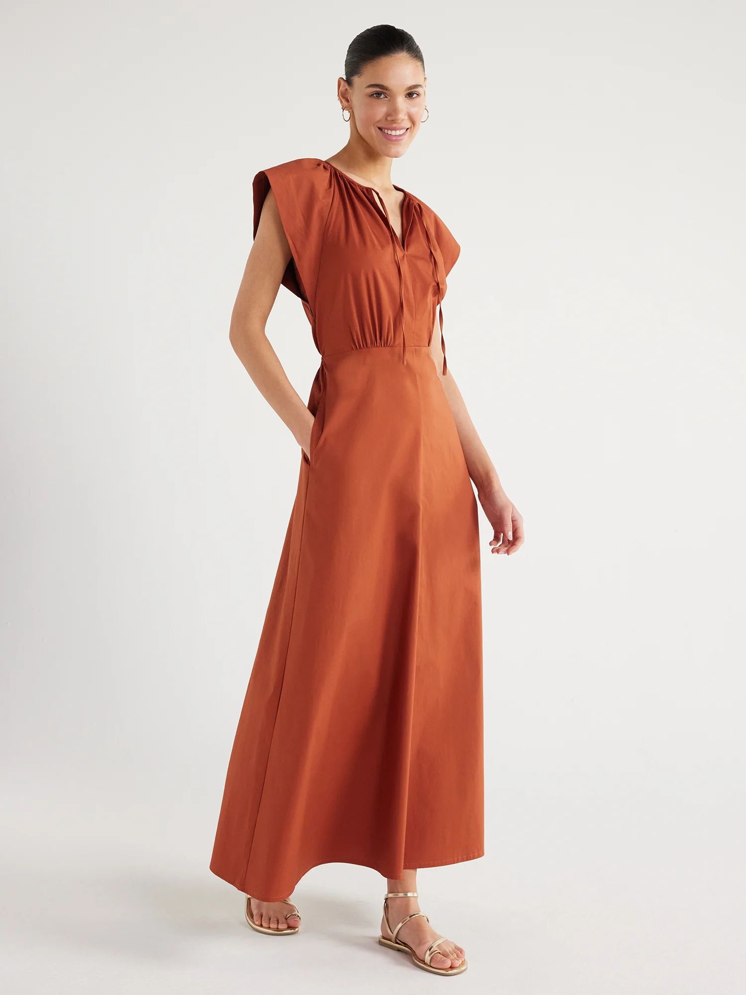 Scoop Women's Tie Neck Poplin Maxi Dress with Pockets, Sizes XS-XXL | Walmart (US)