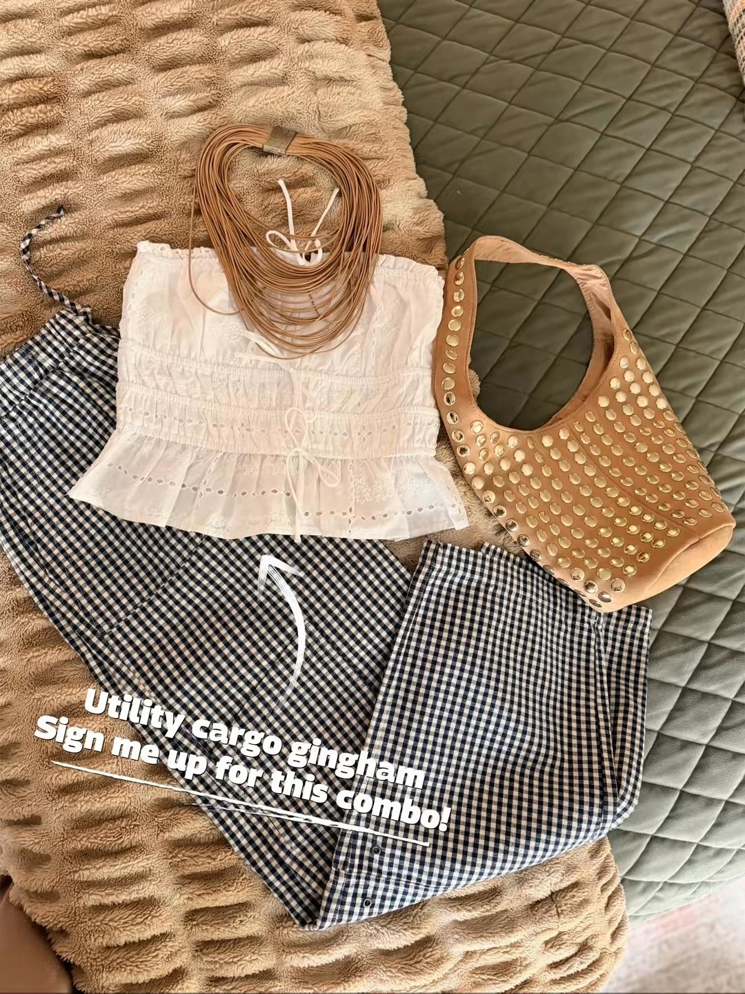 Cute spring outfit strapless, eyelet white top with affordable studded bag and the cutest utility gingham pants

#LTKootd #LTKdayinmylife #LTKmomlife