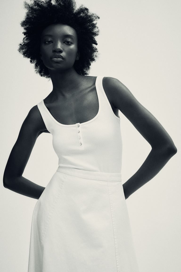 Ribbed Button-front Bodysuit - White - Ladies | H&M US | H&M (US + CA)