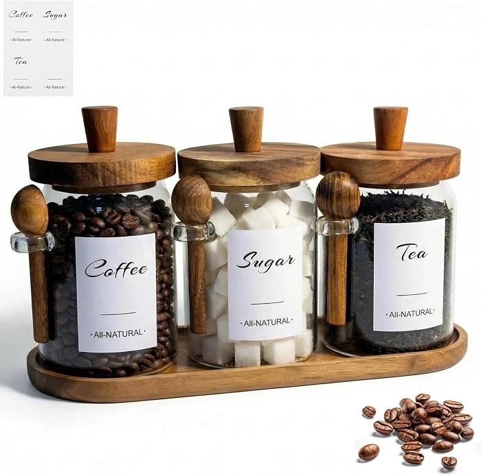 3-Pack 20oz Glass Coffee Container Set - Clear Airtight Canister with Wooden Lid Spoon Tray Label... | Amazon (US)
