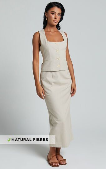 Elias Two Piece Set - Linen Look Square Neck Vest Top And Column Midi Skirt in Natural | Showpo (US, UK & Europe)