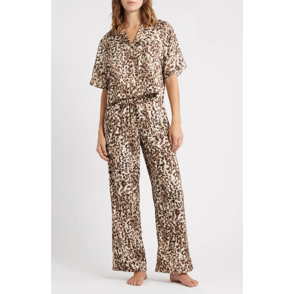 Open Edit Boxy Everyday Satin Pajamas in Tan Mixed Animal at Nordstrom, Size Medium | Nordstrom