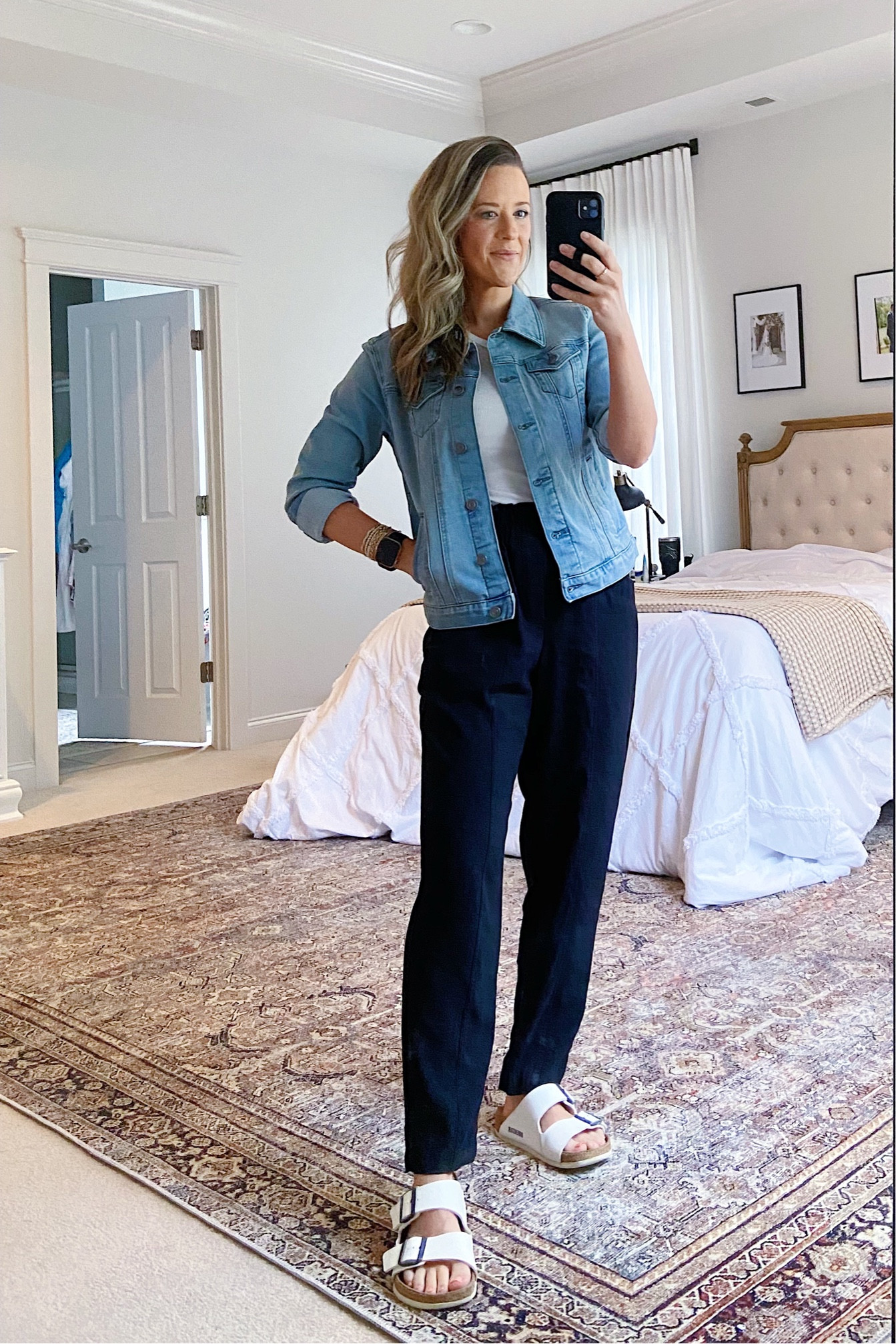 Casual spring outfit 

Jean Jacket: Walmart Find (XS)
White Crewneck Tee: Old Navy (XS)
Black Tapered Trousers: Target (XS)
Birkenstock: Nordstrom (TTS)

Elevated Casual | Elevated Mom Style | Denim Jacket | Walmart Jean Jacket | Target Pants | Summer Sandals | Spring Outfit | Spring Sandals | Travel Outfit | Postpartum Outfit 

#LTKfindsunder50 #LTKSeasonal #LTKfamily