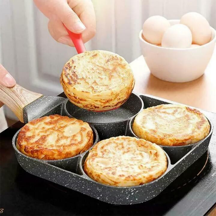 1pc Fry Pan For Egg, Non Stick Ham Pancake Maker, Egg Burger Pan With Wooden Handle, 4 Holes, For... | SHEIN