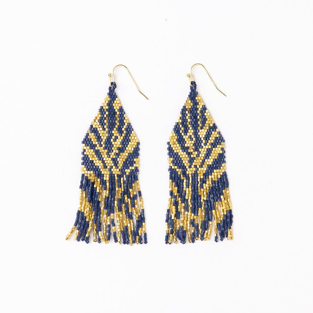 Delilah Zebra Print Beaded Fringe Earrings Navy + Gold | INK+ALLOY
