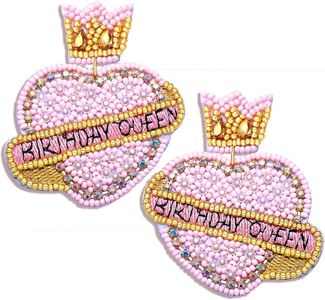Beaded Birthday Earrings for Women Girls Delicate Birthday Queen Heart Drop Dangle Earrings Statemen | Amazon (US)