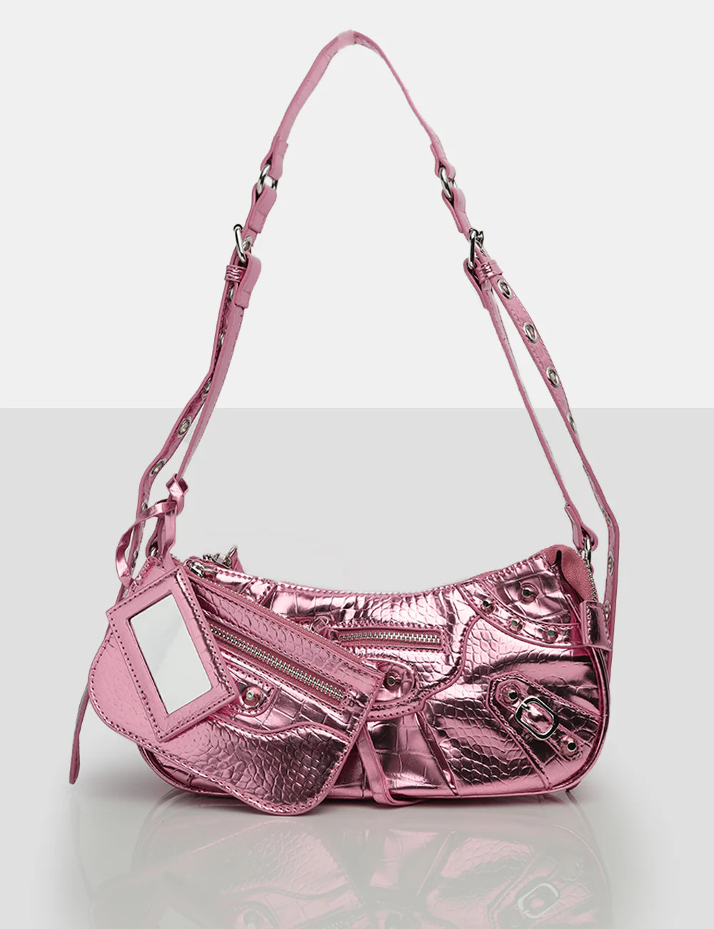 The Trackstar Metallic Pink Pu Studded Mirror Zip Detail Handbag | Public Desire