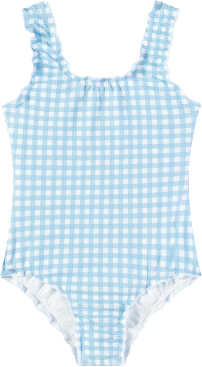 LIZENS Girls' Swimwear One Piece Scoop Neck Swimsuit Blue Plaid Cute Beach Bathing Suit for Kids | Amazon (US)