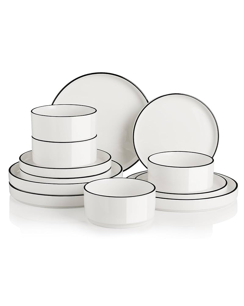 Sweejar Porcelain Dinnerware Sets for 4, 12 Pieces Ceramic Plates and Bowls Set, Classic Modern S... | Amazon (US)