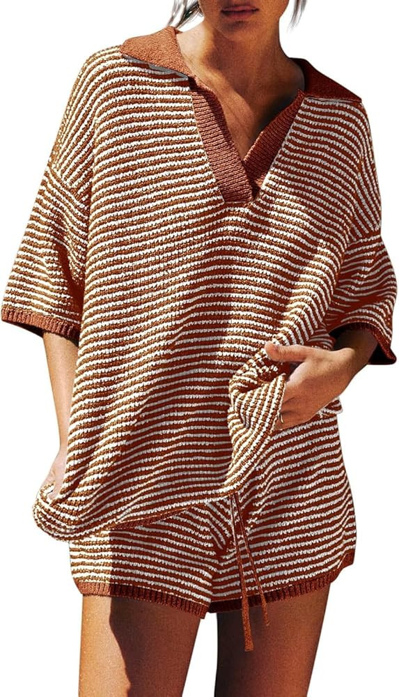 Tankaneo Womens Sweater Set 2 Piece Outfits Oversized 3/4 Sleeve V Neck Knit Tops High Waisted Sh... | Amazon (US)