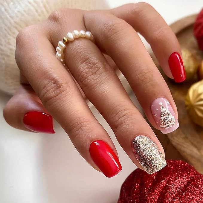 Christmas Press on Nails Short Square Fake Nails Red False Nails with Designs Gold Glitter Full C... | Amazon (US)