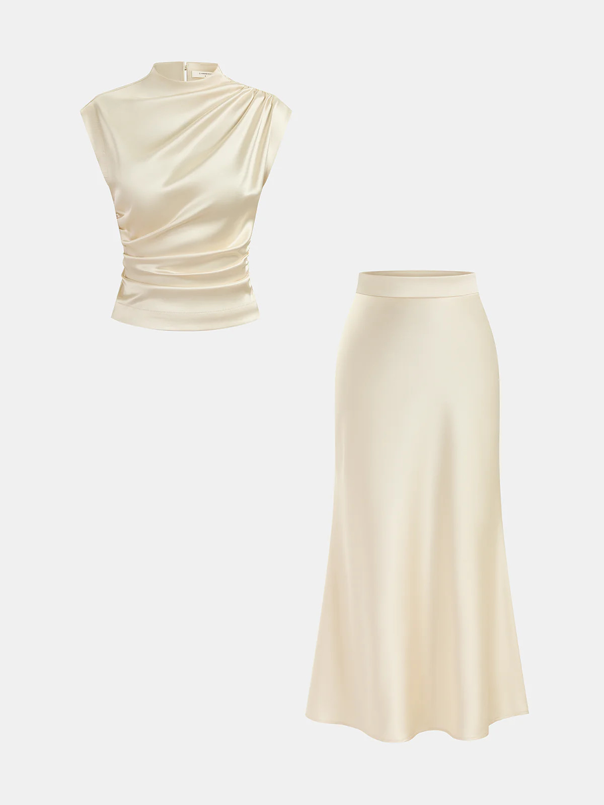 Satin Ruched Top & Midi Skirt Set | Commense