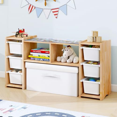 MallBest Montessori Shelf for Kids - 100% Solid Pine Wood with 6 Removable Plastic Bins, Toy Storage Organizer Cabinet for Playroom, Bedroom & Nursery (Natural) | Amazon (US)