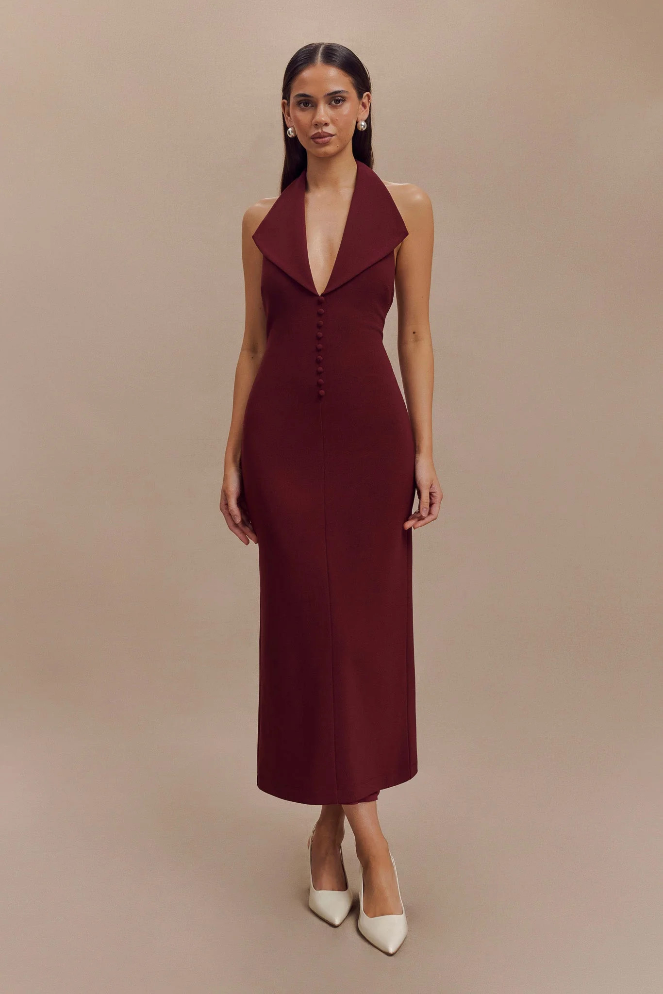 Annita Crepe Halter Midi Dress - Merlot | MESHKI US