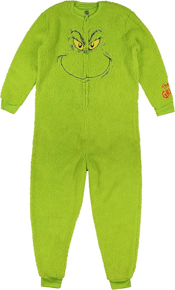 Dr Seuss The Grinch Union Suit Adult Embroidered Face Plush Full-Zip Pajama Costume | Amazon (US)